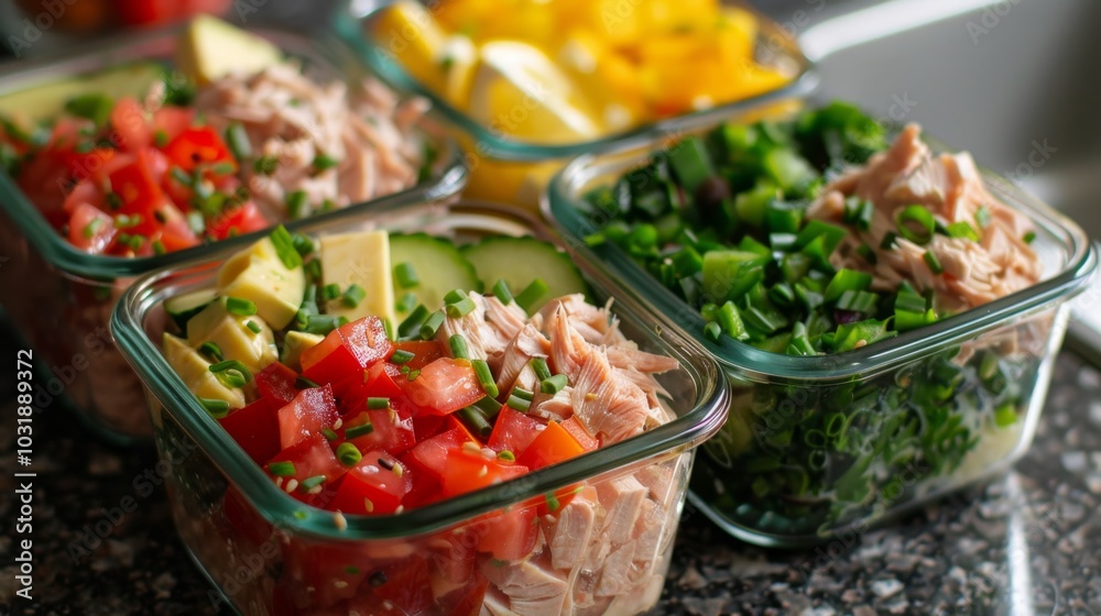 Healthy Meal Prep Containers with Chicken and Fresh Vegetables. Tuna Salad Meal Prep