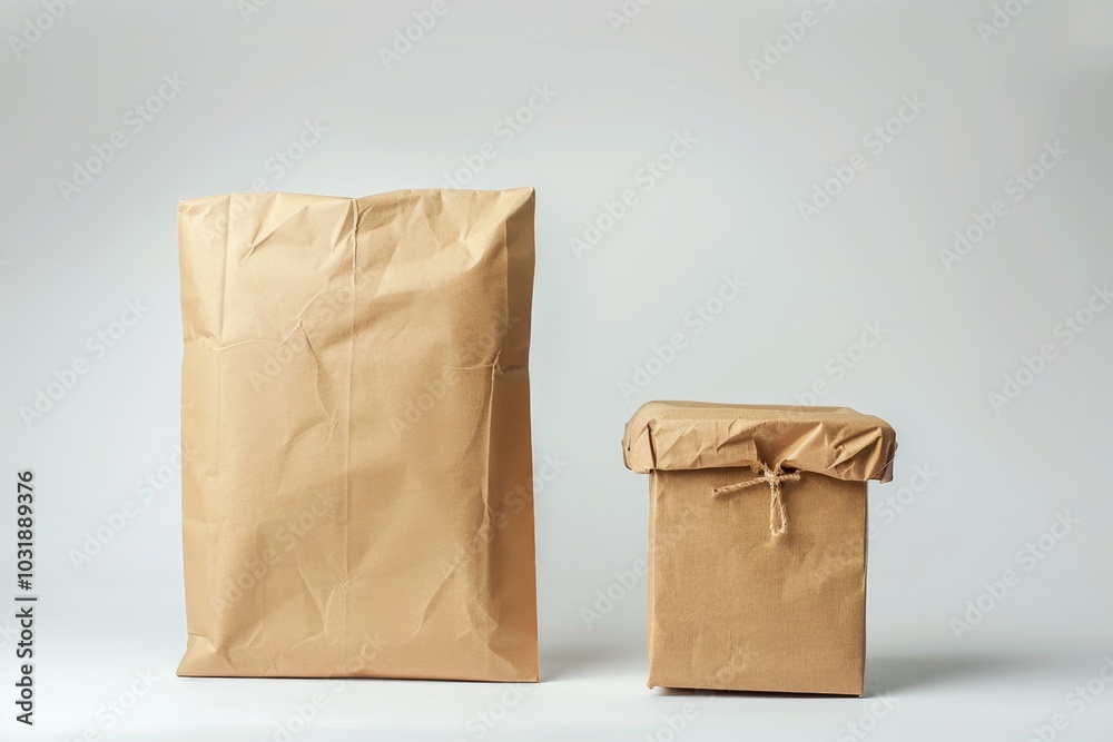 Blank Paper Bags Standing and Lying on White Surface Blank Paper Bags Standing and Lying on White Surface