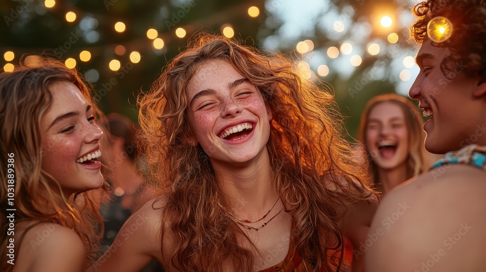 A joyous group of friends laugh together at an outdoor party in the evening, under twinkling lights. The scene is warm, lively, and full of camaraderie. A joyous group of friends laugh together at an outdoor party in the evening, under twinkling lights. The scene is warm, lively, and full of camaraderie.