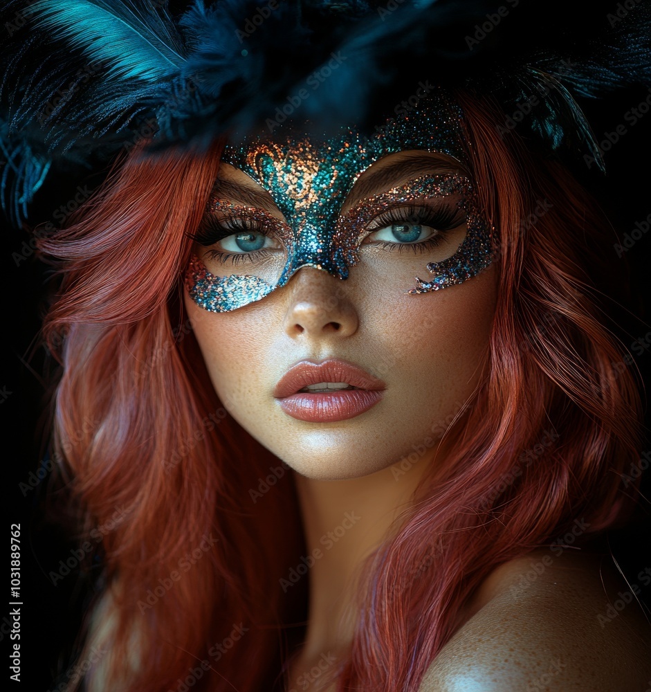 Obraz premium Carnival mask on black background. Beautiful woman wearing one