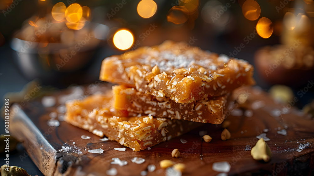 A close-up of til chikki with a dusting of cardamom A close-up of til chikki with a dusting of cardamom