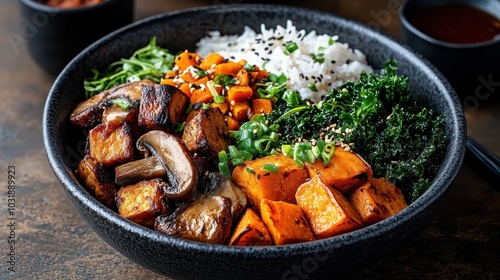 A balanced meal featuring steamed rice, roasted mushrooms, kale, and sweet potatoes, offering a perfect combination of flavors and nutrients for wellness.