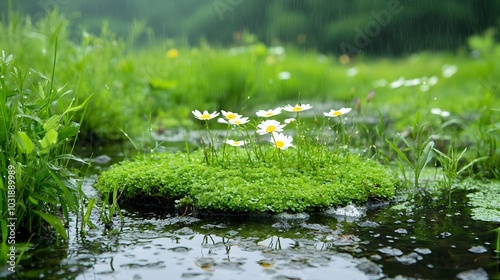 Constructed wetlands used as a natural and sustainable method for wastewater ecological The image depicts a scenic landscape with a pond or lake surrounded by lush vegetation foliage