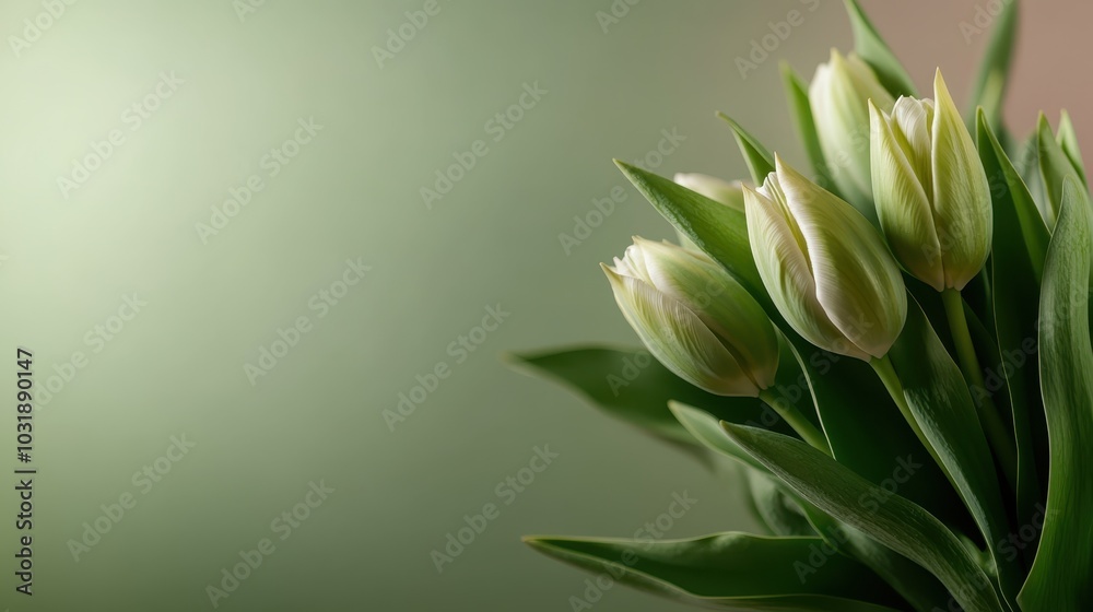 This close-up shot of white tulips with green leaves set against a soft gradient background creates a serene and fresh spring-inspired atmosphere, ideal for visual arts. This close-up shot of white tulips with green leaves set against a soft gradient background creates a serene and fresh spring-inspired atmosphere, ideal for visual arts.