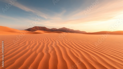 A vast, golden desert with rippling sand dunes stretches into the horizon, under a dramatic sunset sky with wispy clouds, capturing the essence of serenity and nature.