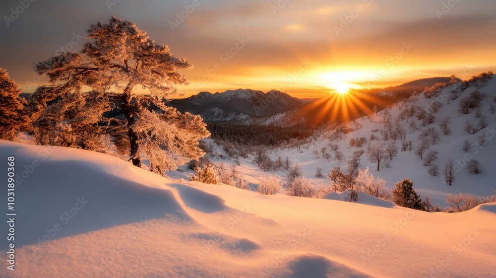 A stunning sunrise illuminates a serene snowy mountain landscape, casting golden hues over the frost-covered trees and untouched white snowdrifts. A stunning sunrise illuminates a serene snowy mountain landscape, casting golden hues over the frost-covered trees and untouched white snowdrifts.