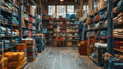 Textile Warehouse Interior with Fabric Rolls and Organized Shelves