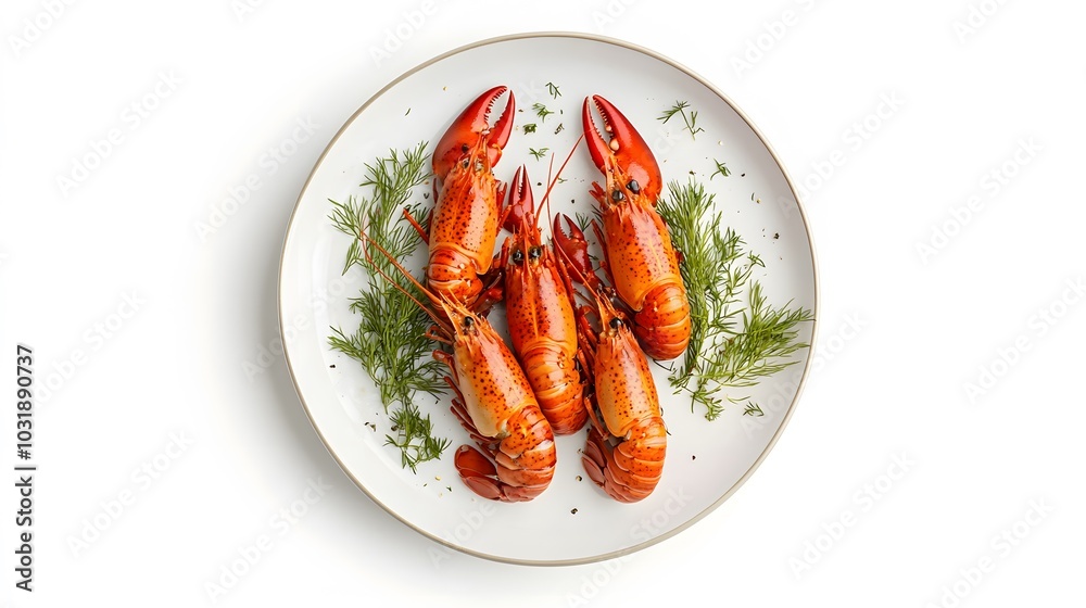 Boiled crayfish with dill isolated on white background. Boiled crayfish with dill isolated on white background.