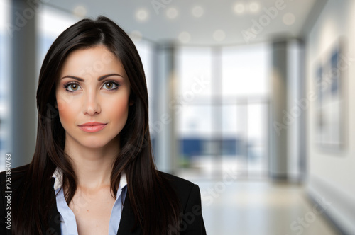 Confident businesswoman posing in modern office building