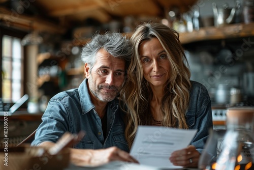 Mature Couple Reviewing Document Together in Cozy Home