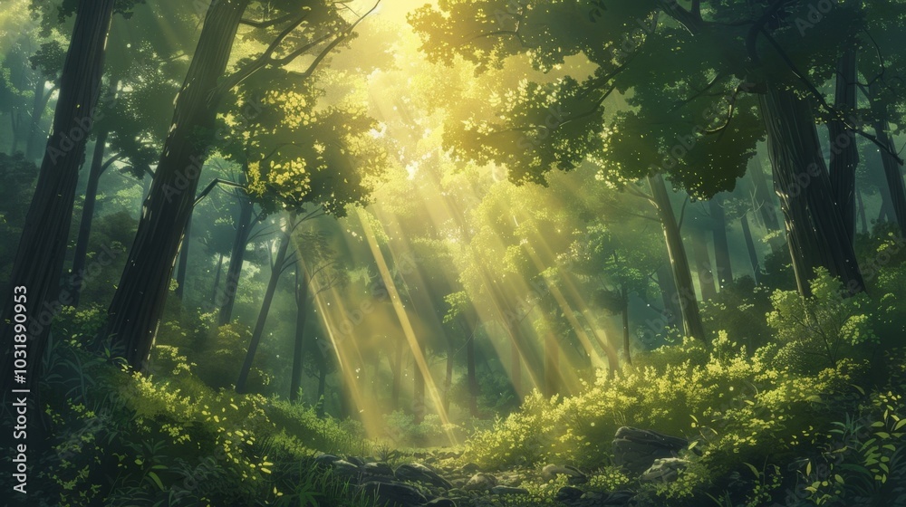 Obraz premium Enchanted Forest Sunbeams Through Misty Trees