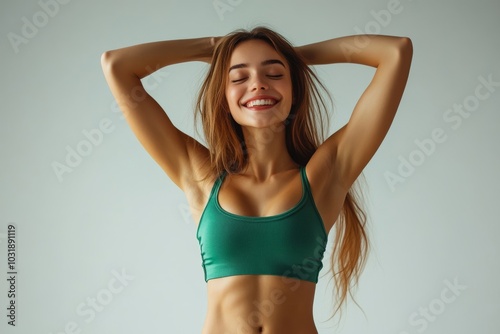 Young happy slim woman with fit body shape posing in green top bra and panties isolated on white background, studio shot, full length, Generative AI