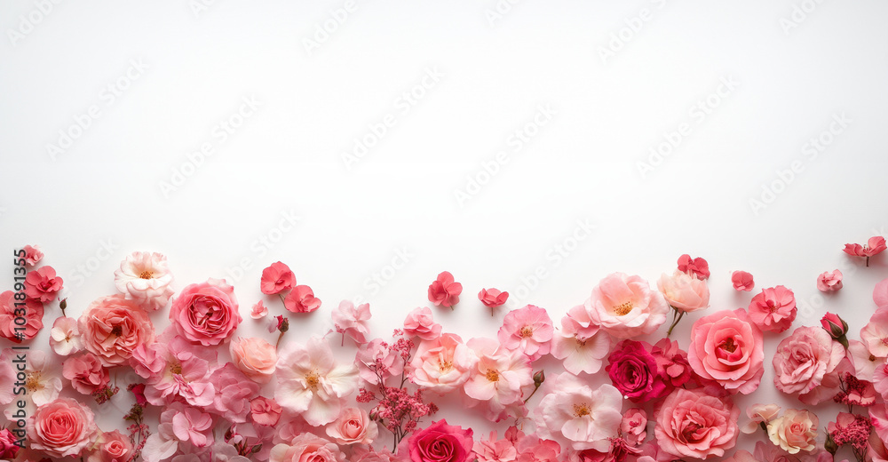 Blooming pink roses and delicate flowers create seamless border, showcasing various shades of pink. This vibrant floral arrangement adds touch of elegance and beauty to any design Blooming pink roses and delicate flowers create seamless border, showcasing various shades of pink. This vibrant floral arrangement adds touch of elegance and beauty to any design