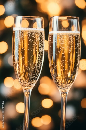 Sparkling Champagne Flutes Toast Celebration with Warm Bokeh Lights