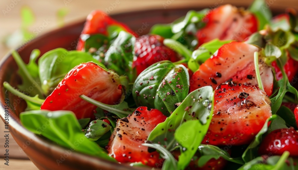 Fresh Strawberry Basil Salad in White Dish on Kitchen Counter Fresh Strawberry Basil Salad in White Dish on Kitchen Counter