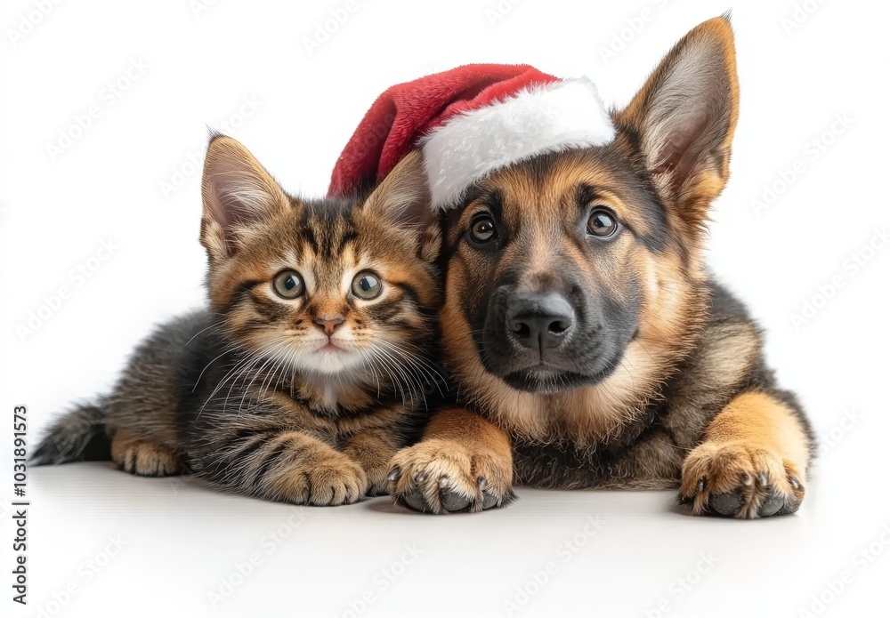 An isolated white background shows a dog and a cat wearing Christmas hats. An isolated white background shows a dog and a cat wearing Christmas hats.