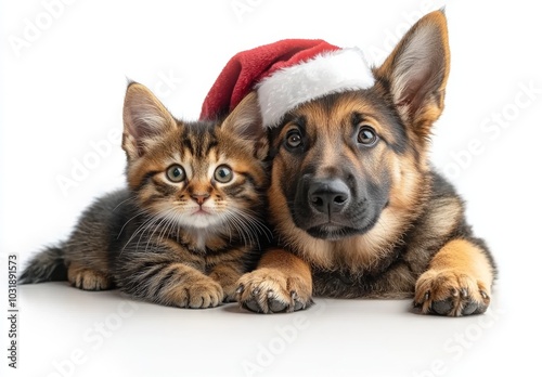 An isolated white background shows a dog and a cat wearing Christmas hats.