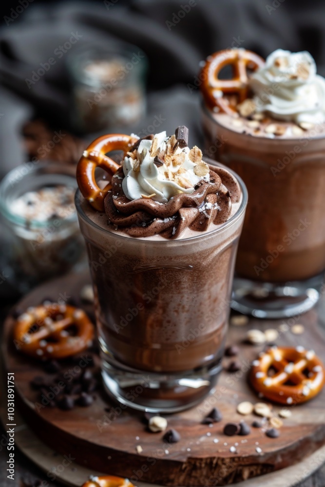 Decadent Chocolate Milkshake Topped with Whipped Cream and Pretzels