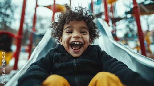 A child with curly hair is captured mid-laughter while enjoying a ride down a metal slide at the playground, highlighting a moment of pure joy and carefree spirit.