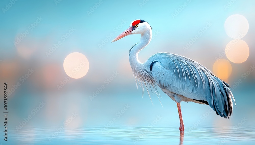 White naped Crane standing in water with bokeh background. White naped Crane standing in water with bokeh background.