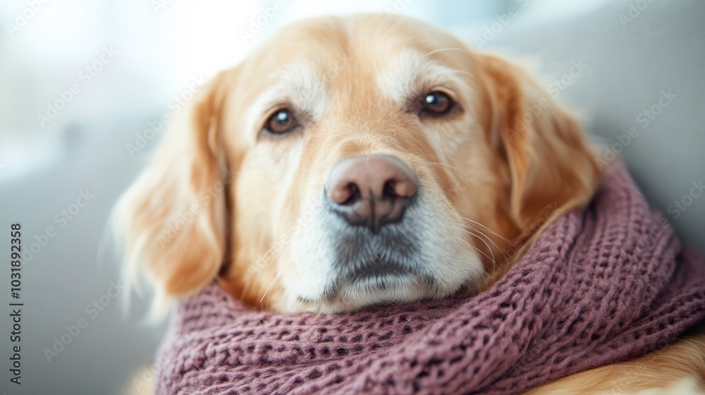 This image features a relaxed golden retriever lounging in a beautifully soft knitted blanket, exuding tranquility and calm in a warm and inviting home scene.