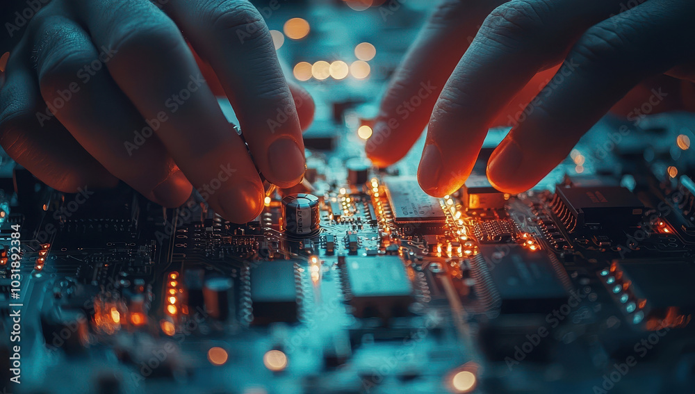 Close up of hands working on computer motherboard. Concept of technology, engineering, and repair. Close up of hands working on computer motherboard. Concept of technology, engineering, and repair.