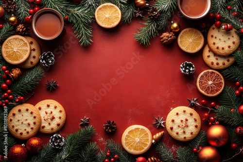 An attractive flat lay composition featuring tasty homemade Christmas cookies on a colorful background