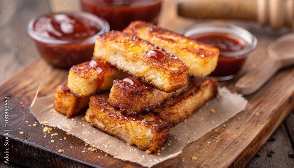 Delicious Barbecue Glazed Halloumi Sticks on Wooden Table. French Toast Sticks