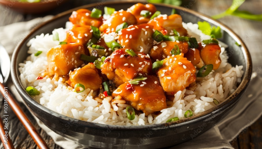 Asian Chicken Teriyaki Bowl on Wooden Table. Firecracker Chicken with Rice Asian Chicken Teriyaki Bowl on Wooden Table. Firecracker Chicken with Rice