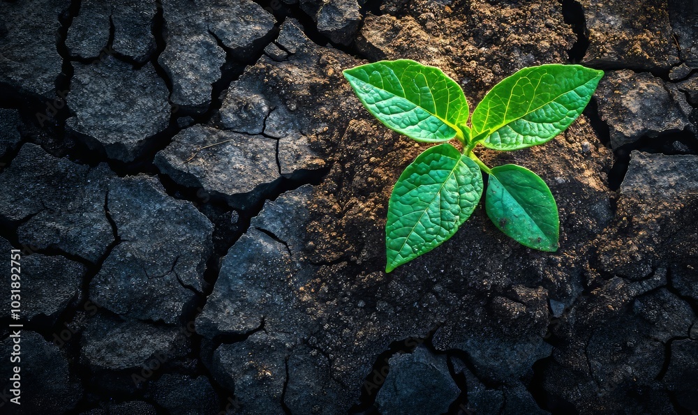 Green plant emerges from dry, cracked earth, impact of CO2 absorption on the environment. the potential for ecological restoration and the role of plants in mitigating climate, Generative AI Green plant emerges from dry, cracked earth, impact of CO2 absorption on the environment. the potential for ecological restoration and the role of plants in mitigating climate, Generative AI