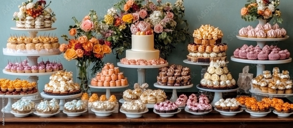A beautiful dessert table with various cakes, cupcakes, and pastries, decorated with fresh flowers. A beautiful dessert table with various cakes, cupcakes, and pastries, decorated with fresh flowers.