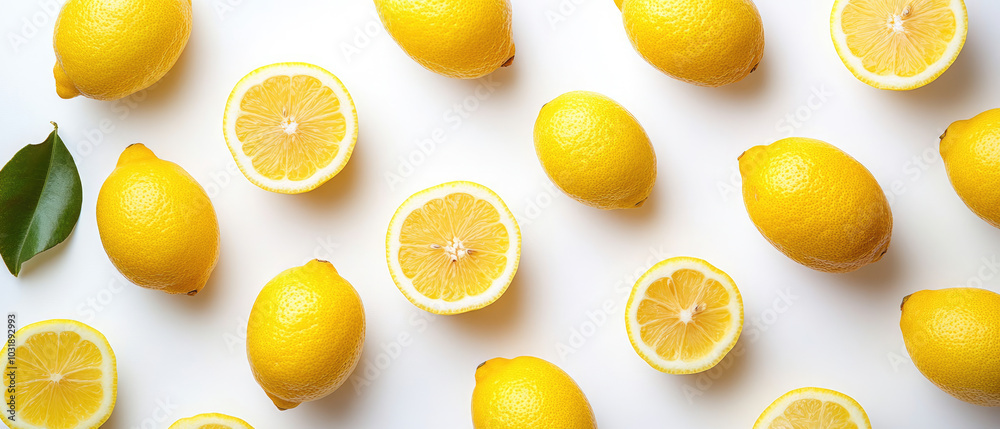 Top view of Lemons fruits scattered in random positions on a white background Top view of Lemons fruits scattered in random positions on a white background
