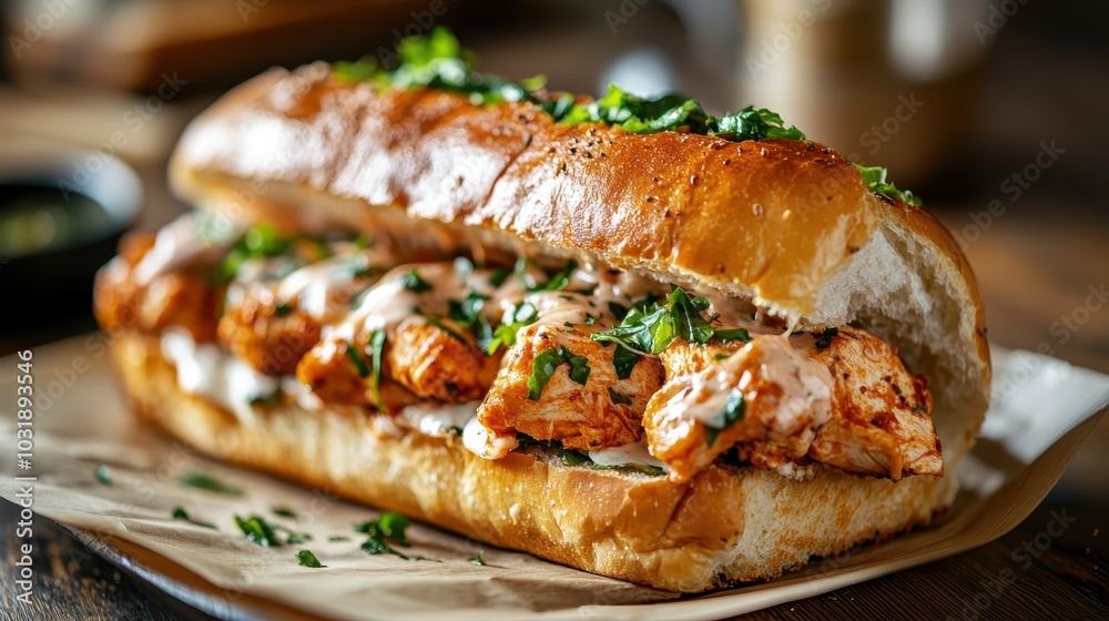 A mouthwatering grilled chicken sandwich, generously topped with herbs and creamy sauce, presented on soft bread against a warm, inviting backdrop. A mouthwatering grilled chicken sandwich, generously topped with herbs and creamy sauce, presented on soft bread against a warm, inviting backdrop.