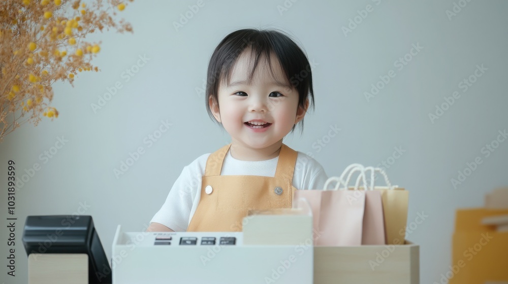 cute toddler dressed as a shopkeeper, standing behind a small counter with a cash register, holding a toy shopping bag, and smiling cute toddler dressed as a shopkeeper, standing behind a small counter with a cash register, holding a toy shopping bag, and smiling