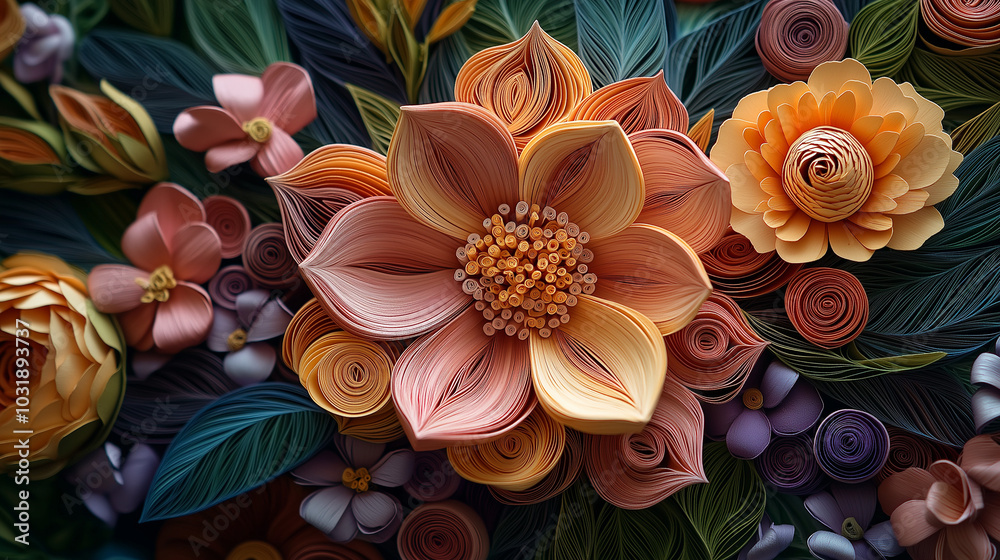 Intricate paper quilling art, 3D flower creation Intricate paper quilling art, 3D flower creation