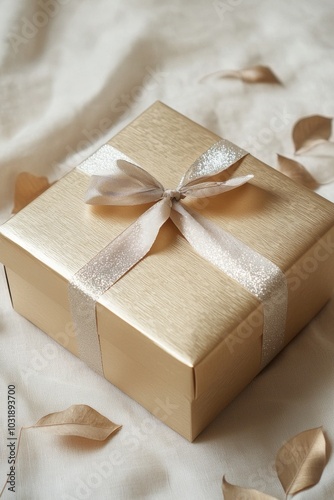 Elegant Golden Gift Box with Shimmering Silver Bow