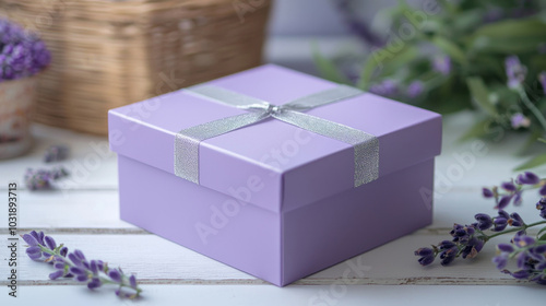 Elegant Lavender Gift Box with Silver Ribbon on White Table