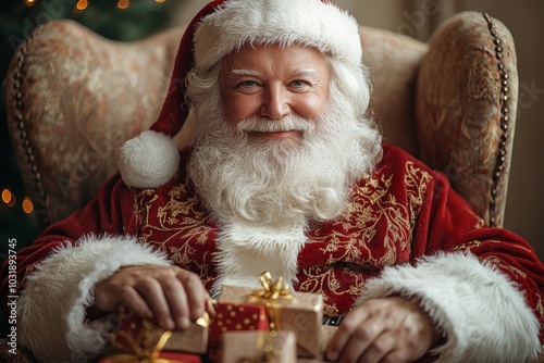 In an armchair, Santa Claus holds a gift photo