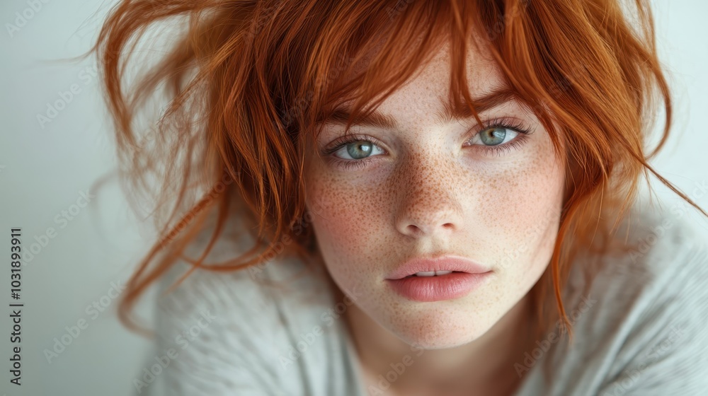 A vibrant close-up captures an individual with striking red hair and freckles, showcasing bright green eyes and an intense captivating gaze in modern style portrait. A vibrant close-up captures an individual with striking red hair and freckles, showcasing bright green eyes and an intense captivating gaze in modern style portrait.