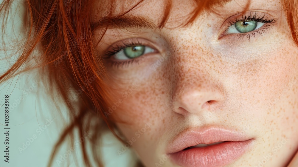 A close-up image of a person with striking green eyes and freckles, framed by tousled red hair, showcasing an expressive and thoughtful look.