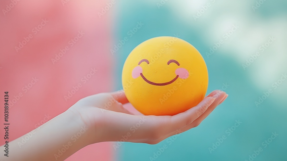 Closeup of a woman's hand gently holding a vibrant smiling sphere symbolizing positive thinking and mental wellness set against a soft pastel background for World Mental Health Day Closeup of a woman's hand gently holding a vibrant smiling sphere symbolizing positive thinking and mental wellness set against a soft pastel background for World Mental Health Day