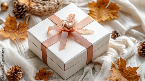 Elegant Gift Box Surrounded by Autumn Leaves and Pine Cones