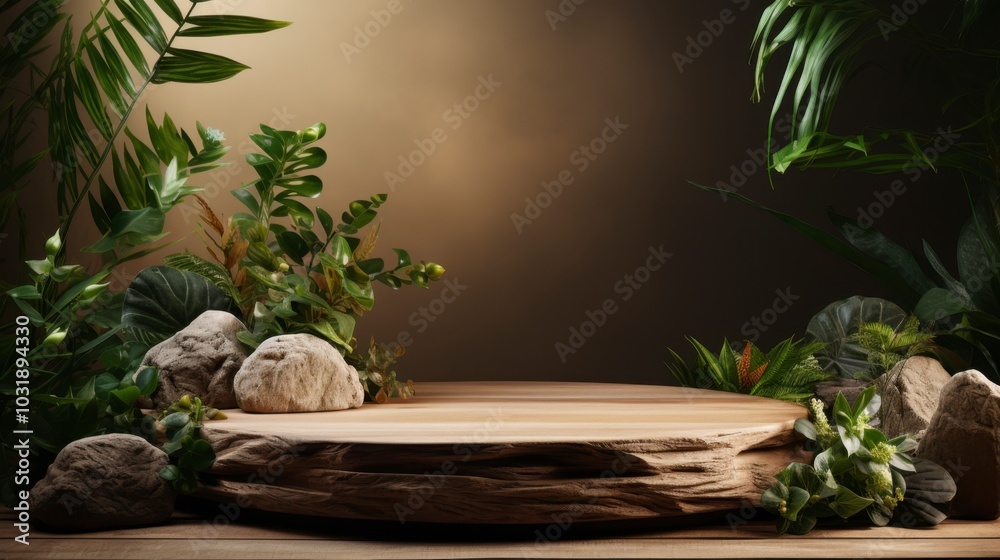Rustic Wooden Platform Surrounded by Lush Greenery Rustic Wooden Platform Surrounded by Lush Greenery