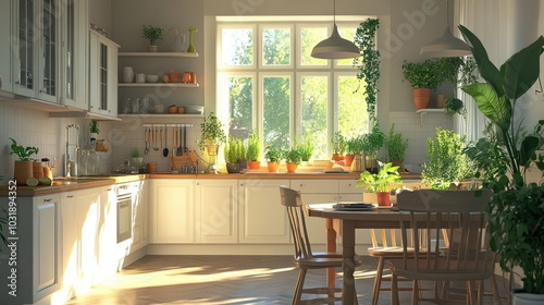 A bright and airy kitchen in a small house, with elegant wooden furniture, vibrant houseplants on the windowsill, and a cozy dining area perfect for enjoying meals