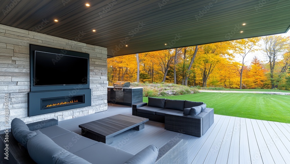 Fototapeta premium Luxurious Outdoor Living Area in the Forest with Open Covered Porch and Fireplace