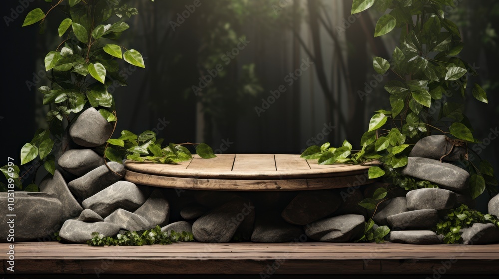 Wooden Platform With Rocks And green Vines In A Forest Wooden Platform With Rocks And green Vines In A Forest