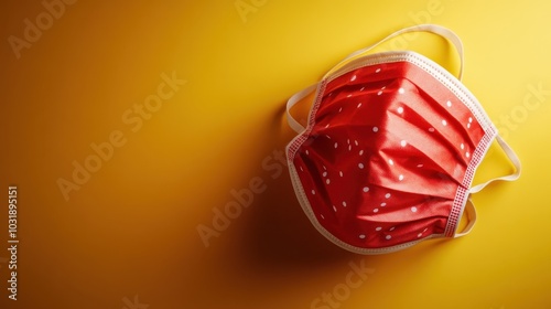 A red polka dot face mask is centered on a vibrant yellow surface, highlighting its design and evoking health and safety themes during the pandemic era. photo