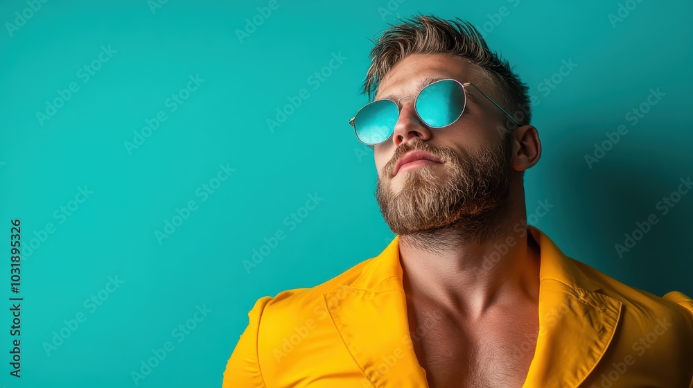 A stylish man wearing a bright yellow suit and reflective sunglasses poses against a vivid teal background, exuding confidence and charisma in a modern fashion scene. A stylish man wearing a bright yellow suit and reflective sunglasses poses against a vivid teal background, exuding confidence and charisma in a modern fashion scene.