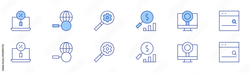 Search icon set in two styles, Duotone and Thin Line style. Editable stroke. cv, search, magnifying glass Search icon set in two styles, Duotone and Thin Line style. Editable stroke. cv, search, magnifying glass