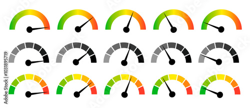 Speedometer gauge meter icons. Vector scale, level of performance. Speed indicator .Infographic of risk, gauge, score progress.